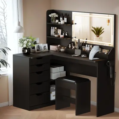 FURMAX Corner Makeup Vanity Desk with Lights and Mirror, 47\