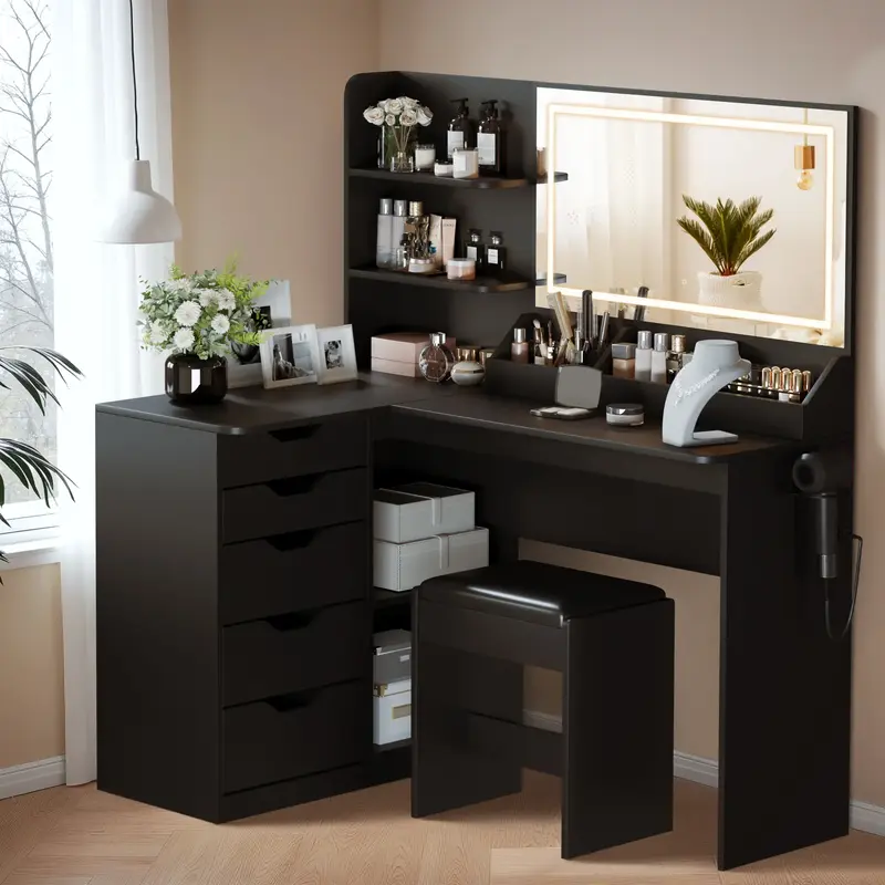 FURMAX Corner Makeup Vanity Desk with Lights and Mirror, 47 L Shaped White Vanity Set with Cushioned Stool& Charging Statio...