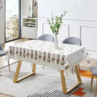 Greenery Bunny White Easter Rectangle Tablecloth - Aperturee