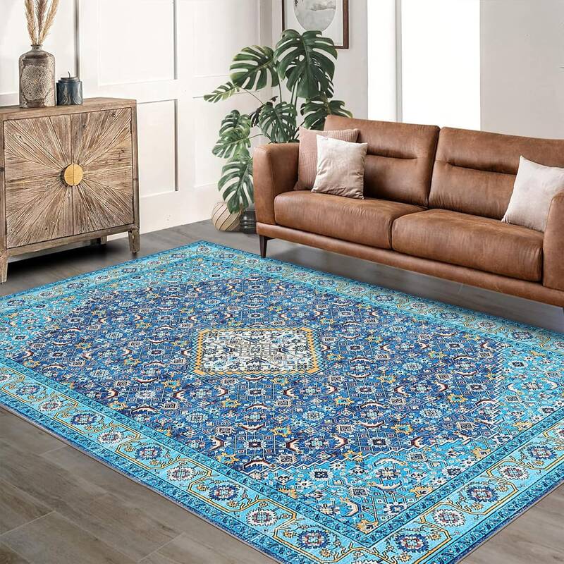 Garvee 9x12ft Persian Style Area Rug Blue-Green,Machine Washable Stain-Resistant Area Rug with Non-Slip Backing Low for Livin...