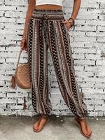 Women's Ethnic Pattern Pocket Jogger Pants, Boho Bohemian Casual Fake Buttons Shirred Trousers, Ladies Baggy Bottoms for Dail...