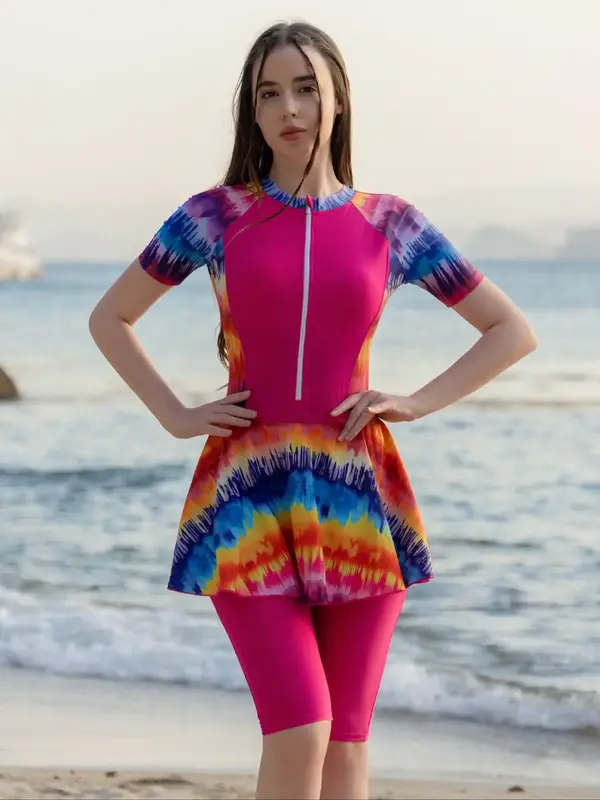 Women's Tie Dye Print Zipper Swimsuit Set, Casual Round Neck Swimwear Top & Pant for Beach Holiday Vacation, Ladies Islamic S...