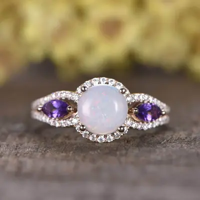 Natural Opal Engagement Ring Marquise Amethyst Diamond Ring
