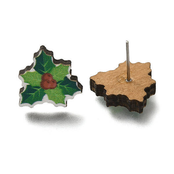 Christmas Printed Wood Stud Earrings for Women