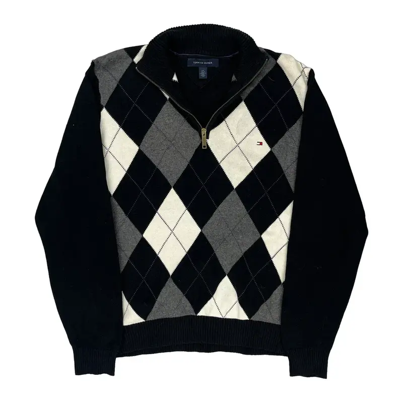 Tommy Hilfiger Argyle Jumper - Large Black Cotton