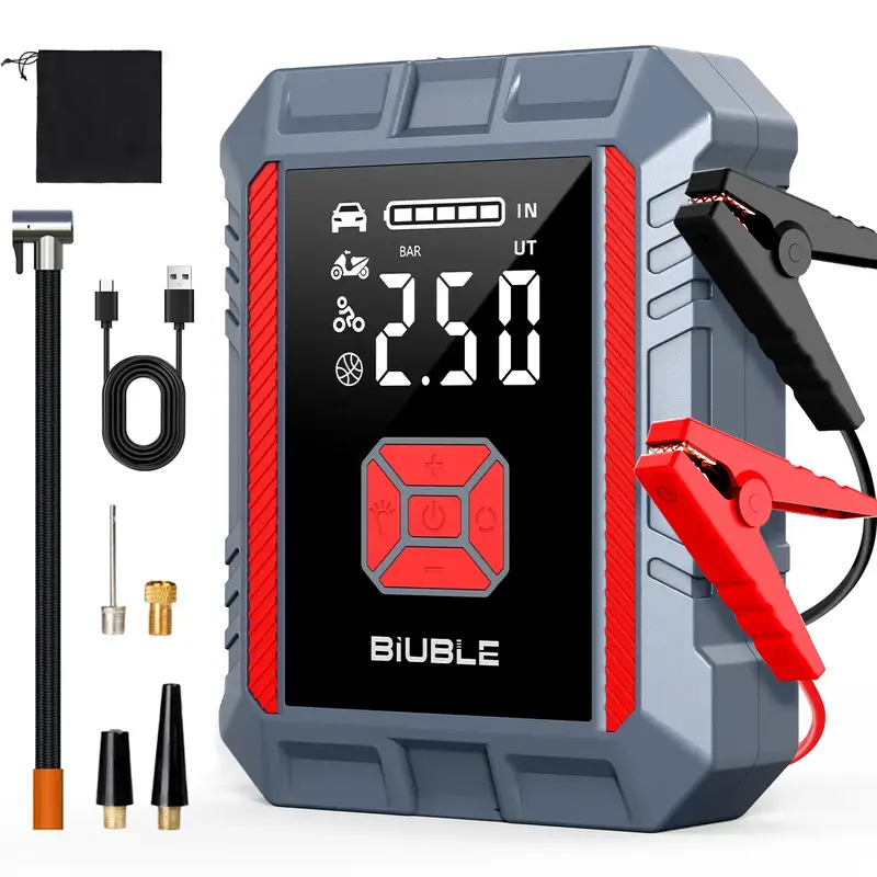 New 9000A BIUBLE Portable Car Jump Starter (ALL Gas, 8.0L Diesel) With Tire Inflator, 12V Car Battery Jump Power With LED Lig...