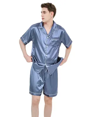 2 Pieces Men's Satin Contrast Binding Pyjama Set, Casual Pocket Shirt & Sleep Shorts, Mens Nightwear, Summer Clothes, Men's ...