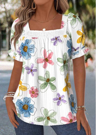 Modlily Raw White Floral Print Tummy Coverage T Shirt - M