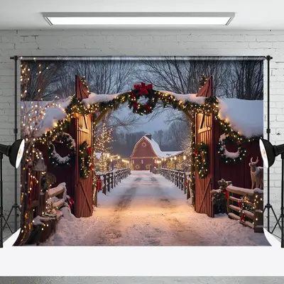 Light Wreath Wood Manor Gate Tree Christmas Backdrop - Aperturee