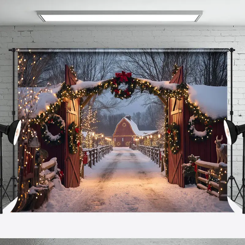 Light Wreath Wood Manor Gate Tree Christmas Backdrop - Aperturee