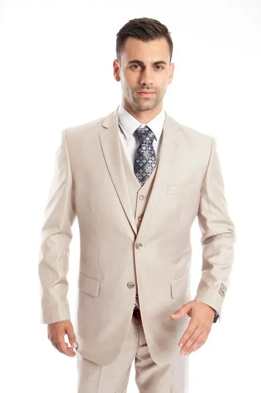 Men's Solid Tan Wedding Suit - Two Button Vested Business Attire