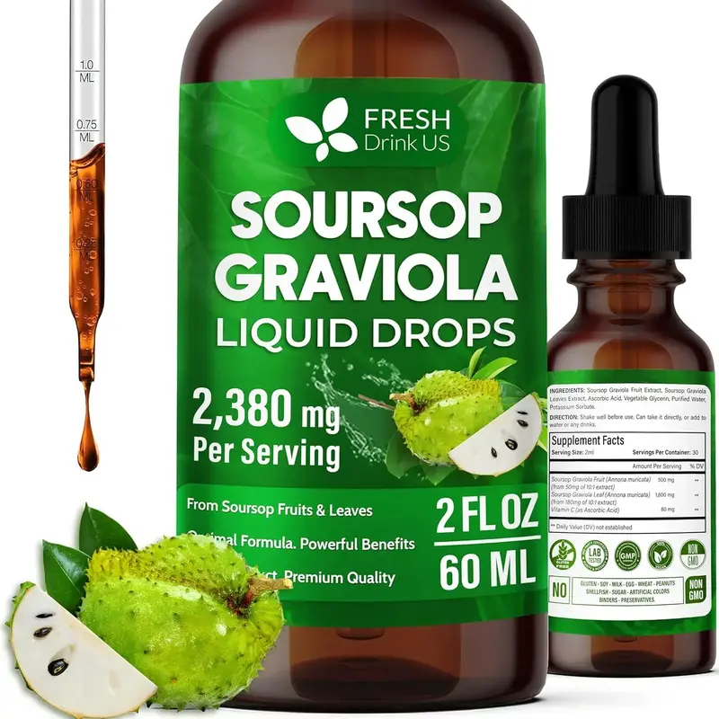 Premium 2 fl oz Soursop Graviola Extract Liquid, 60ml Soursop Extract Liquid, 30 Days Supply – 100% from Natural Soursop Le...