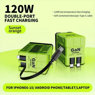 2 in 1 GaN Charger 120W Fast Charging Type C Lightning Retractable Wall Foldable Plug for iPhone Samsung Galaxy iPad MacBook ...