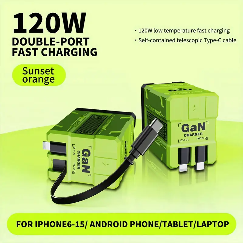 2 in 1 GaN Charger 120W Fast Charging Type C Lightning Retractable Wall Foldable Plug for iPhone Samsung Galaxy iPad MacBook ...