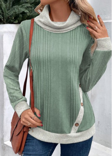 Modlily Sage Green Patchwork Long Sleeve Cowl Neck Sweatshirt - XL