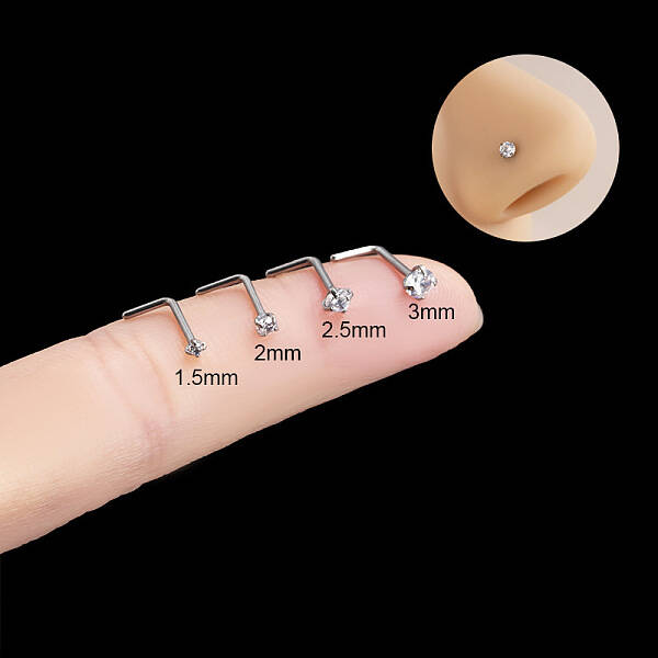 316 Surgical Stainless Steel Crystal Rhinetone Flat Round L-Shaped Nose Rings