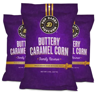 Pop Daddy Buttery Caramel Corn | All Natural, Clean Label, Premium Caramel Corn | 8oz Individual Bags | 3 Pack |