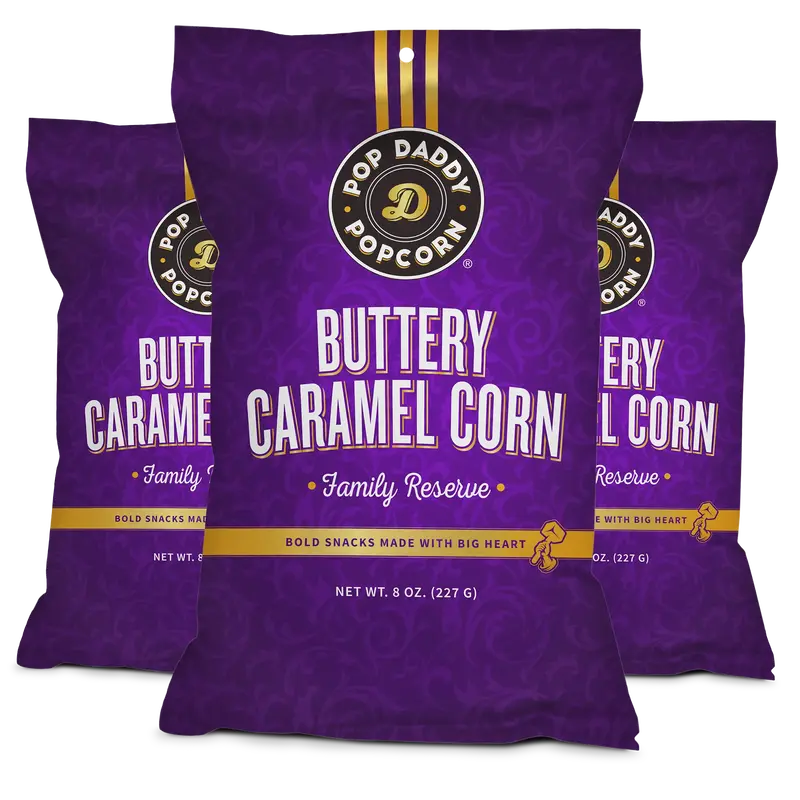 Pop Daddy Buttery Caramel Corn | All Natural, Clean Label, Premium Caramel Corn | 8oz Individual Bags | 3 Pack |