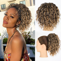 Ponytail Extension 8Inch Short Wavy Curly Ponytails Drawstring Ponytail for Black Women Ombre Light Brown Pony Tails Hair Ext...