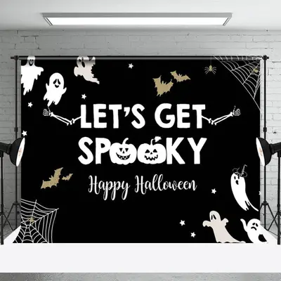 White Ghost Lets Get Spooky Happy Halloween Backdrop - Aperturee