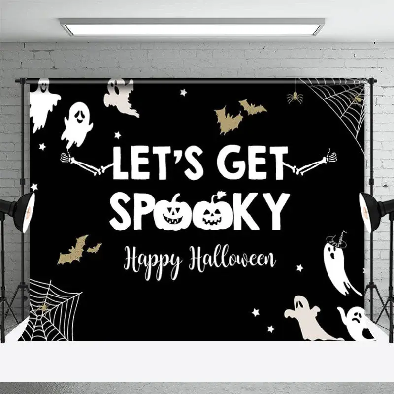 White Ghost Lets Get Spooky Happy Halloween Backdrop - Aperturee