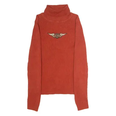 HARLEY DAVIDSON Womens Jumper Orange Roll Neck Tight Knit S