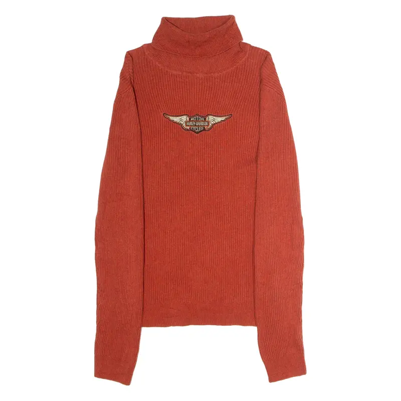 HARLEY DAVIDSON Womens Jumper Orange Roll Neck Tight Knit S