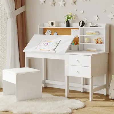 Garvee Wood Kids Study Table and Chair Set with Adjustable Tilt Desktop, Drawers and Cork Board for Ages 3-10, White