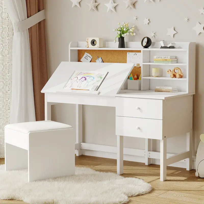Garvee Wood Kids Study Table and Chair Set with Adjustable Tilt Desktop, Drawers and Cork Board for Ages 3-10, White