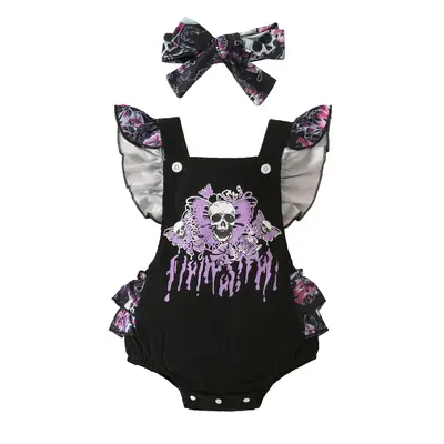 0-18M Baby Girl Halloween Clothes Outfits Fall Romper Skull Print Flutter Sleeve Tiered Ruffled Overalls Jumpsuits Headband O...