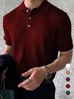 Men's Solid Color Ribbed Shortsleeve Knit Polo Shirt, Regular Fit Casual Short Sleeve Collared Knit Top for Summer, Fashion M...