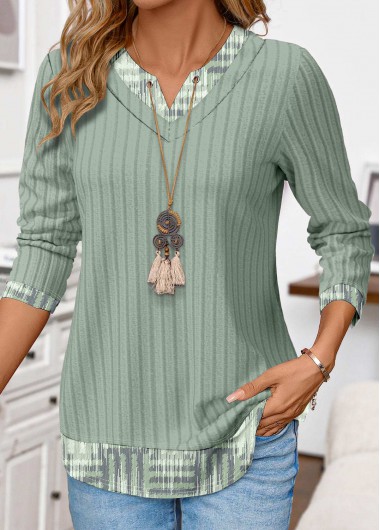 Modlily Sage Green Geometric Print Fake Two Piece Twinset - XL