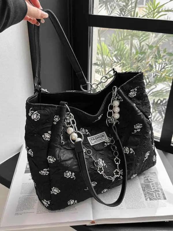 Fashion Floral Pattern Pleated Texture Tote Bag, Faux Pearl Decorated Large Capacity Shoulder Bag for Women, Classic Letter P...