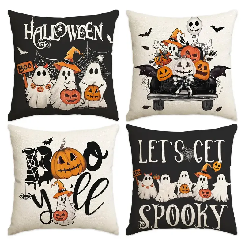 4pcs Halloween Pillow Set - Ghost, Pumpkin, and Bat Design, Home Sofa Decorative Backrest Set, Suitable for Rooms, Bedrooms, ...