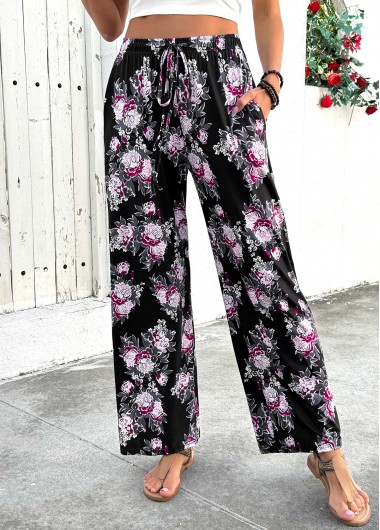 Modlily Black Floral Print Wide Leg Elastic Waist Pants - 3XL