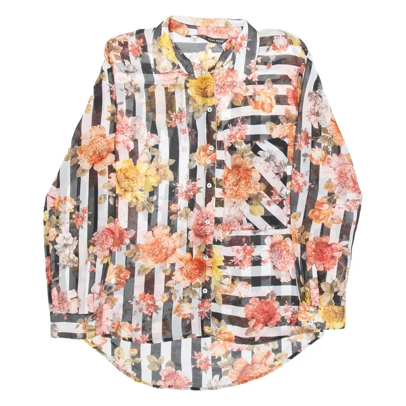ZARA Womens Printed Shirt Black Collared Long Sleeve Silk Striped S