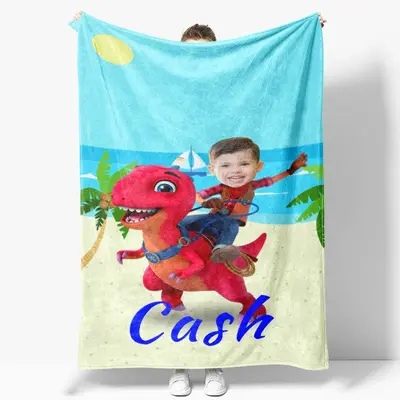 Custom Red Dinosaur Boy Seaside Blanket With Face - Lofaris