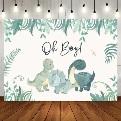 Aperturee Boy Greenery Dinosaurs White Baby Shower Backdrop