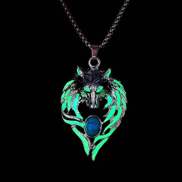 Luminous Glow In The Dark Enamel Wolf Pendant Necklace with Synthetic Turquoise Beaded