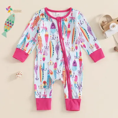 Newborn Baby Boy Girl Fishing Outfit Long Sleeve Zipper Fish Print Romper Jumpsuit Infant Coming Home Clothes