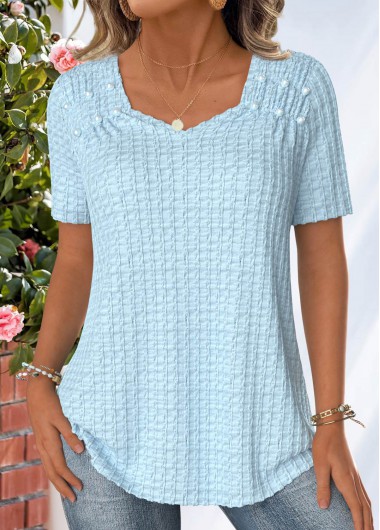 Modlily Light Blue Jacquard Short Sleeve Heart Collar T Shirt - XL