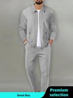 Men's Solid Zip Up Jacket & Drawstring Waist Pants Two-piece Set, Regular Fit Casual Long Sleeve Collared Outerwear & Pocket ...