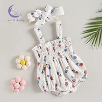 Independence Day Baby Girl Jumpsuit Set Summer Ice Cream Print Sleeveless Ruched Rompers and Stretch Headband Cute Newborn ba...