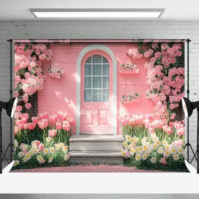 Pink Wood Garden Cabin Floral Spring Photo Backdrop - Aperturee