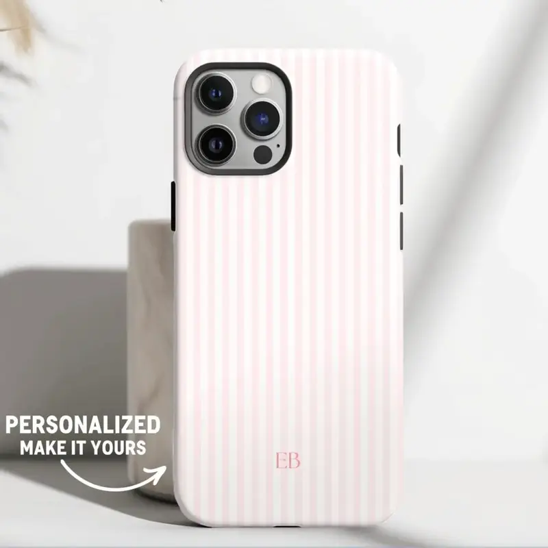 Personalized Pink Phone Case Custom Monogram Phone Case Aesthetic Pink Striped Phone Case Summer Coastal Phone Case Preppy Ph...