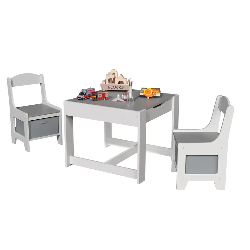 Kids Wood Table and 2 Chairs, 3 in 1 Children Toddler Furniture Set, 3-Piece Kids Activity Table with Storage, Removable Tabl...