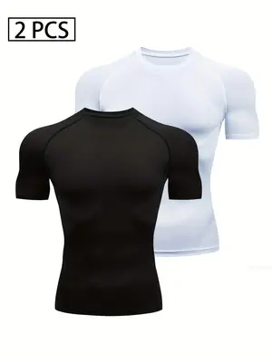 Men's Plain Round Neck Sports Tee, Quick Drying Breathable Short Sleeve Compression T-shirt, Crew Neck Raglan Sleeve Tops for...