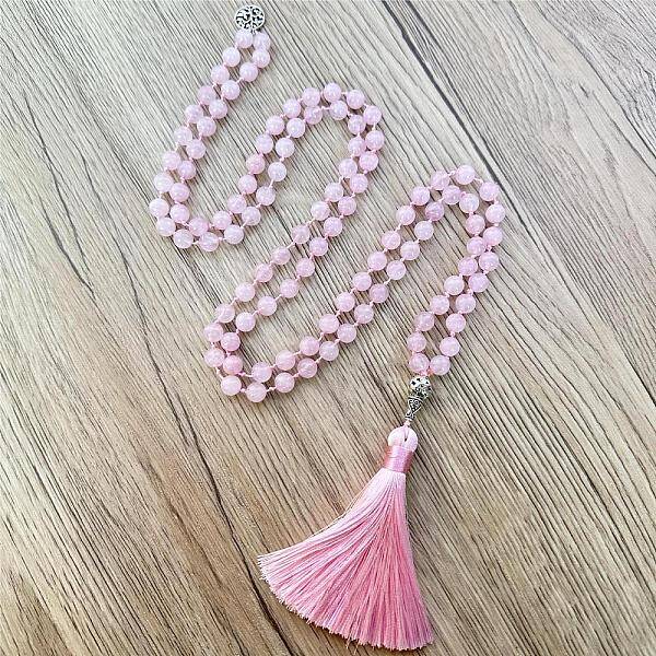 Natural Rose Quartz Mala Prayer Round Beaded Wrap Necklaces with Long Tassel and Metal Tree of Life