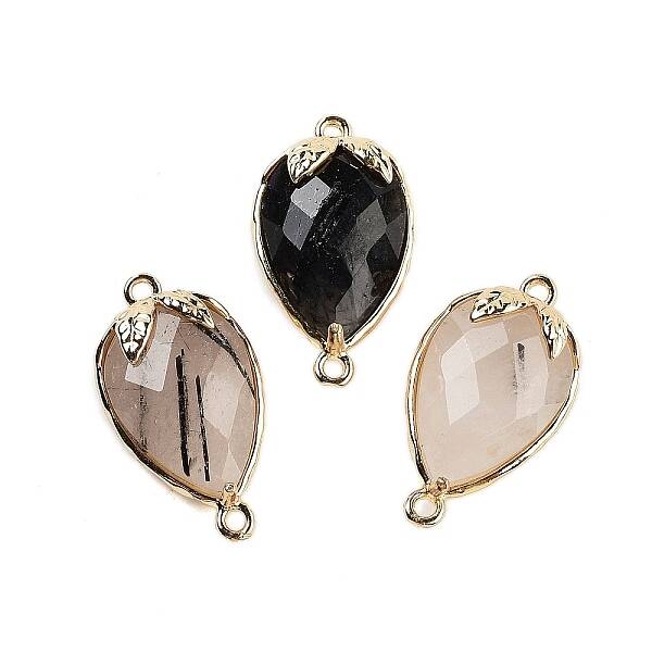 Natural Tourmalinated Quartz Faceted Teardrop Connector Charms