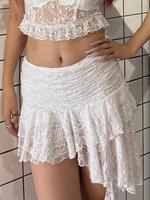 Women's Plain Ruffle Hem Asymmetrical Hem Sheer Lace Skirt with Ribbon Design, Elegant Soft Fabric High Waist Tiered Layer Mi...